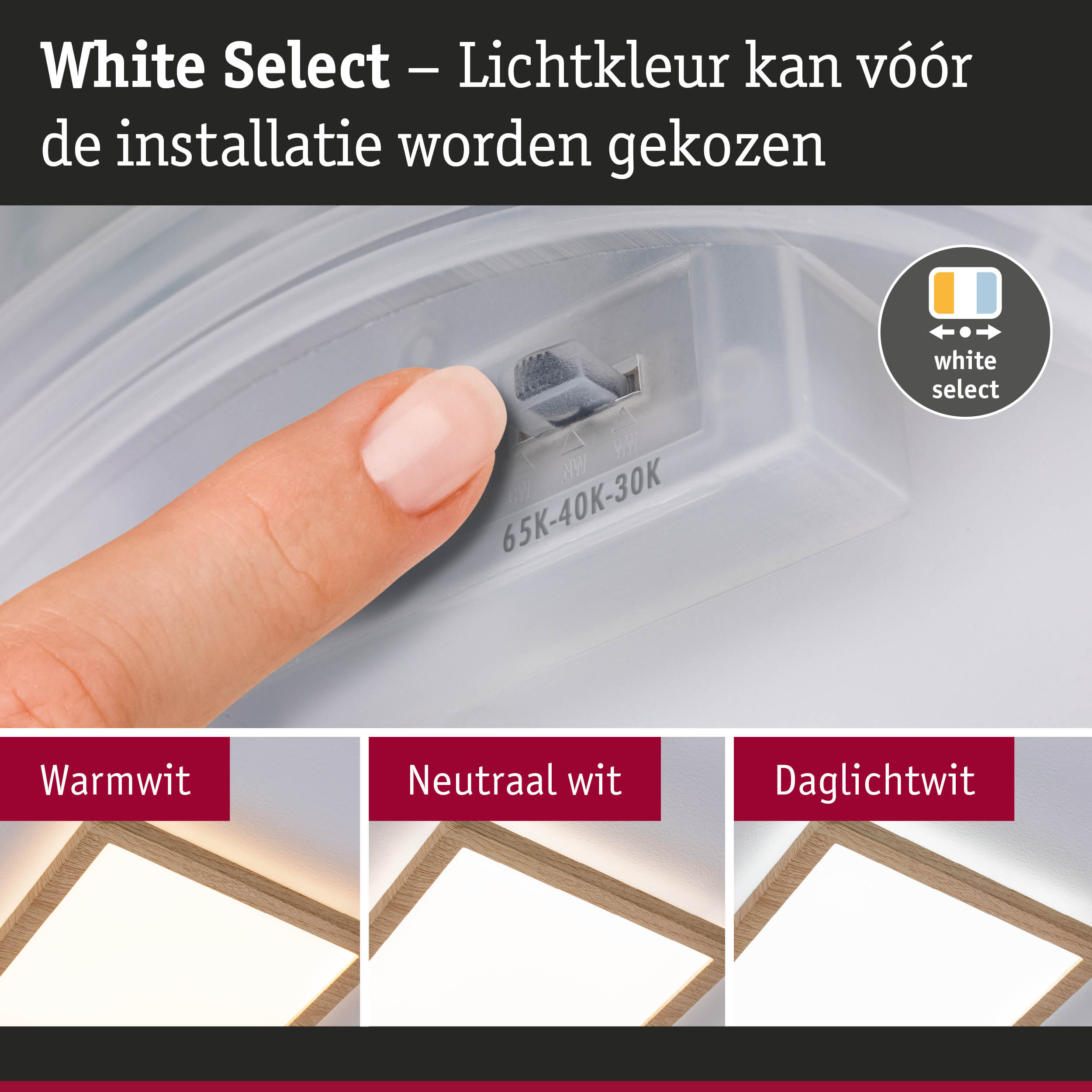 Vinger stelt lichtkleur in op witte kunststof schakelaar, LED-plafondlamp met houten frame
