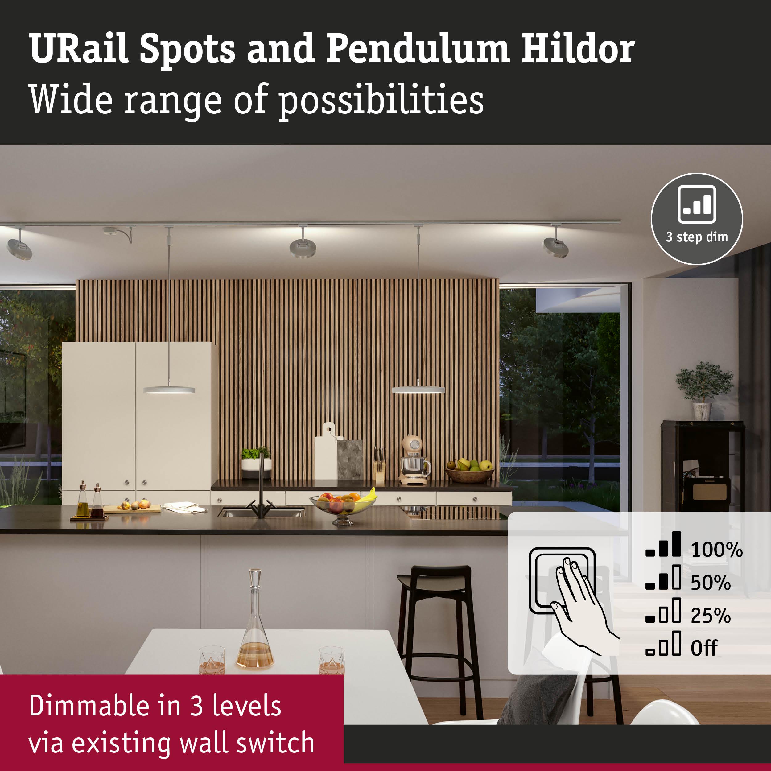 Modern kitchen featuring dimmable URail Spots and Pendulum Hildor lights in white and wood finish