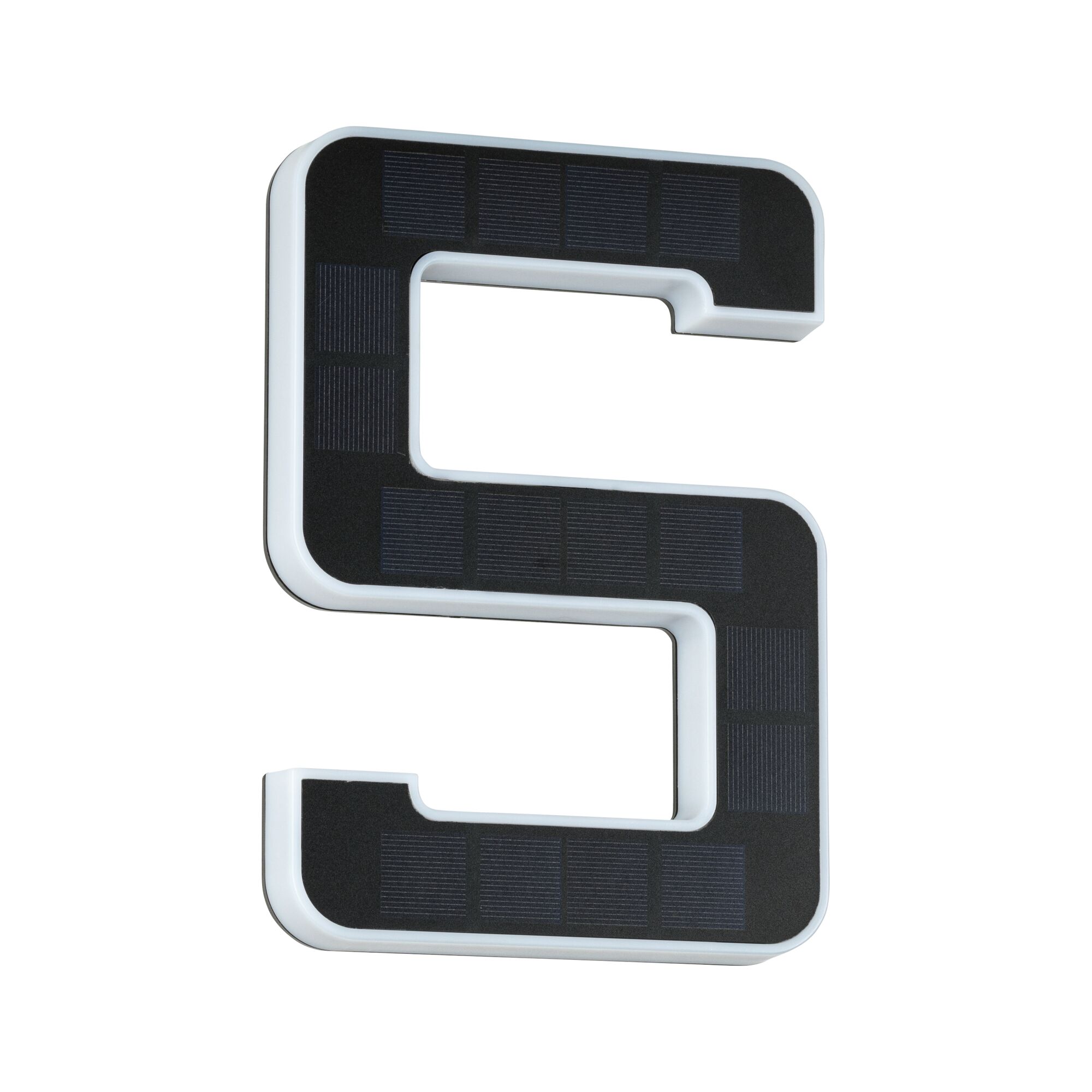 Solar-powered LED house number light in black and white plastic for outdoor use