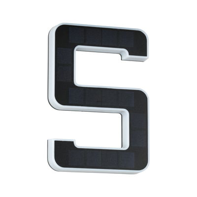 Solar-powered LED house number light in black and white plastic for outdoor use