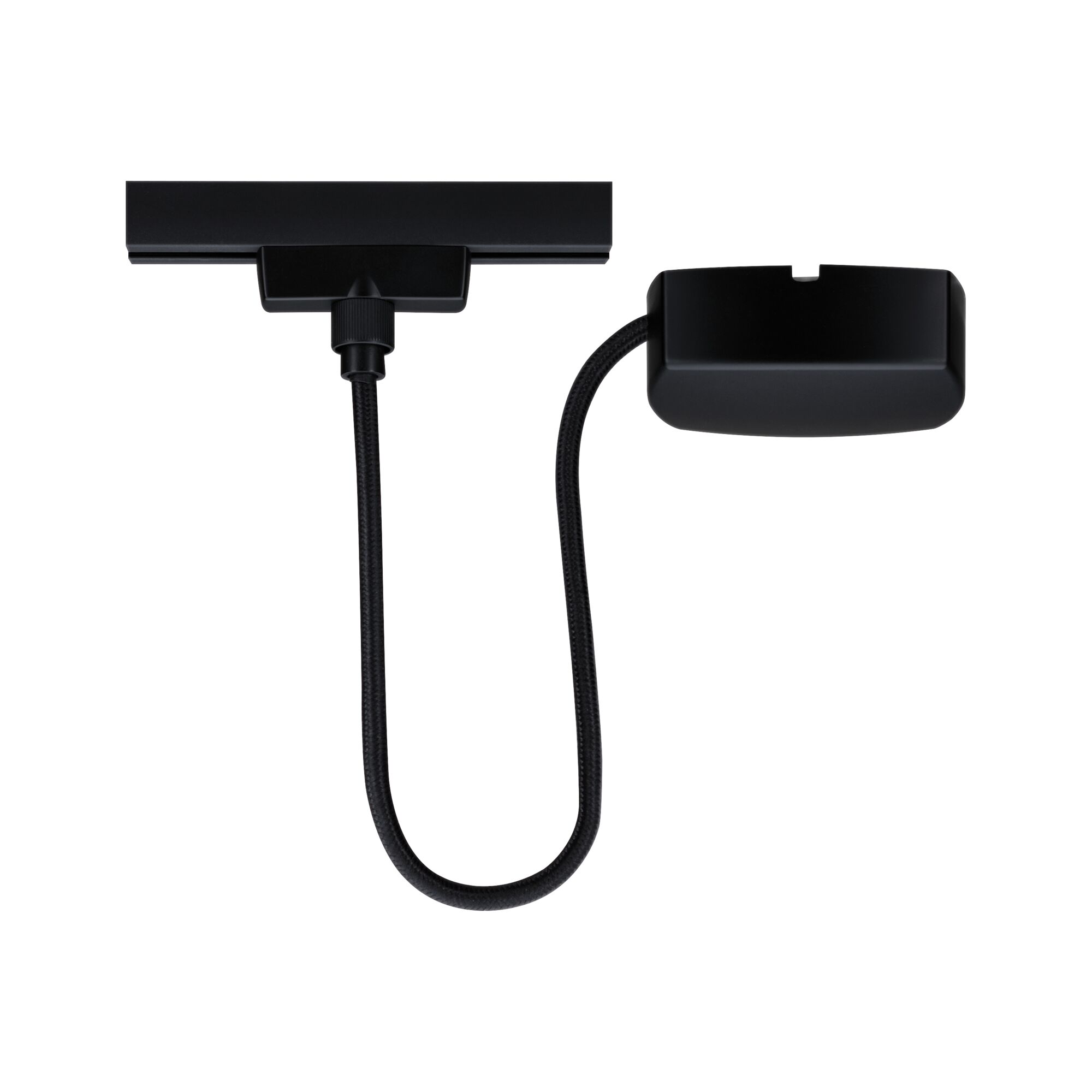 Black cable with rectangular connector and flexible hose for lighting systems
