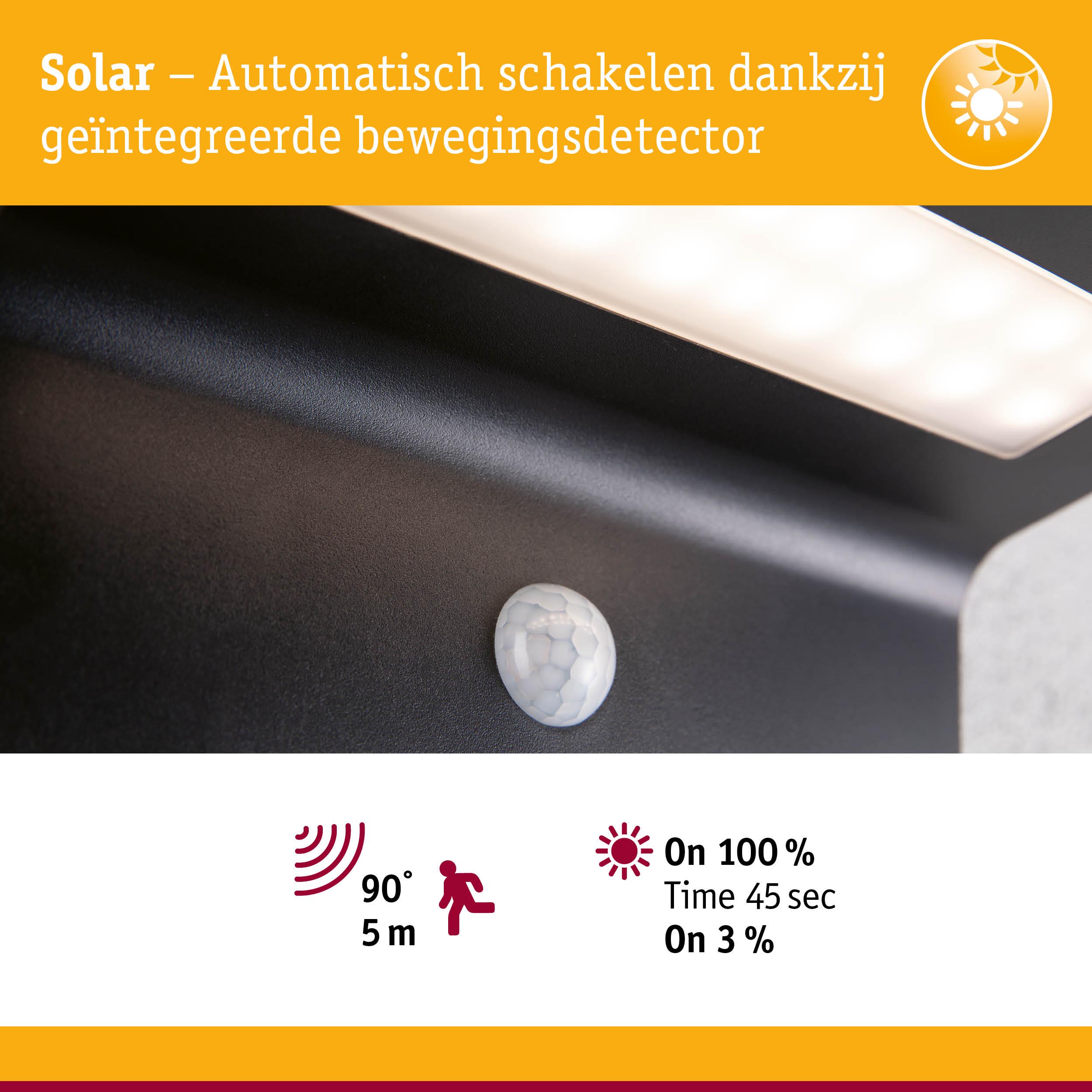 Zwarte solar LED-lamp met geïntegreerde bewegingssensor voor automatische buitenverlichting en energiebesparing