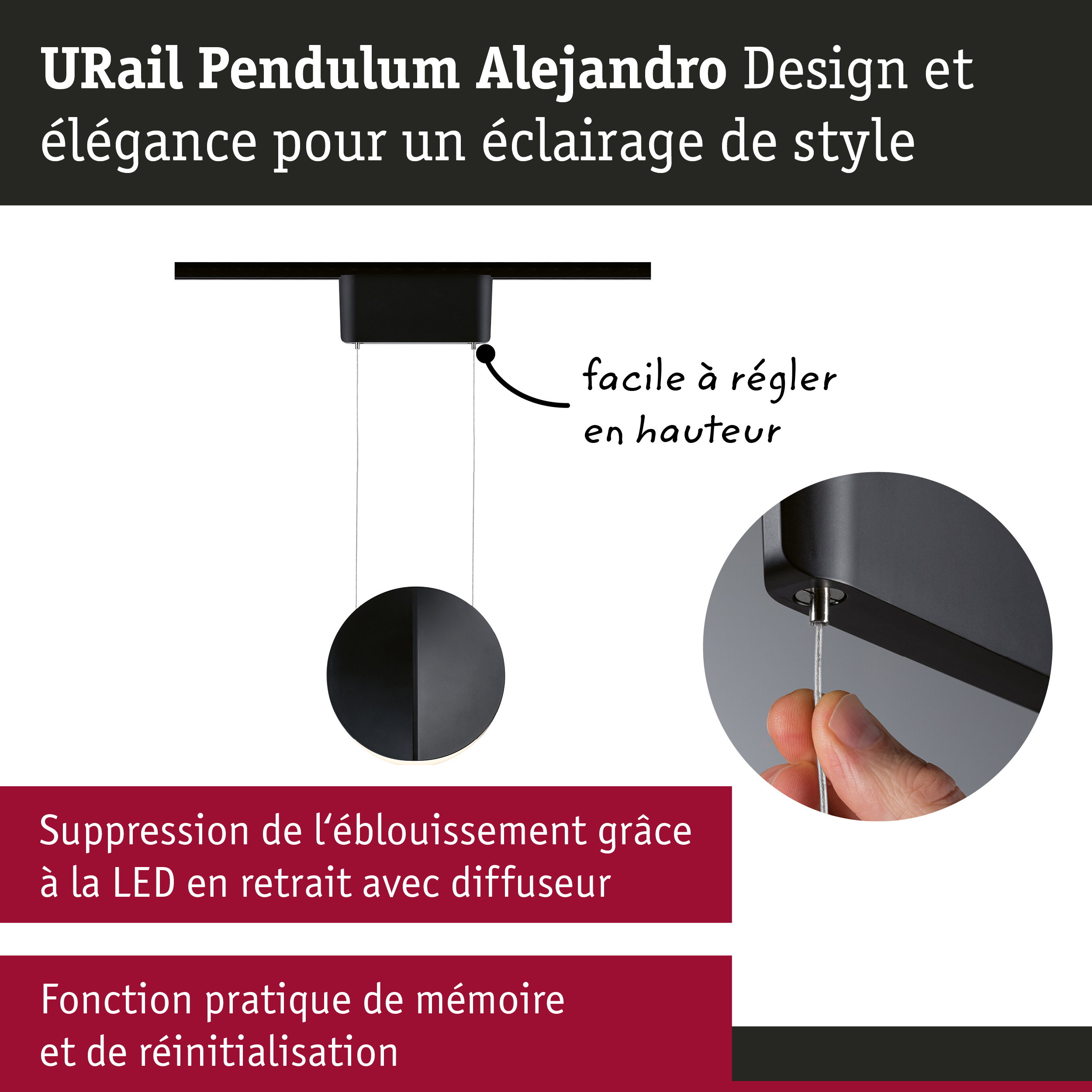 URail Pendulum Design noir avec éclairage LED réglable en hauteur et suppression de l'éblouissement