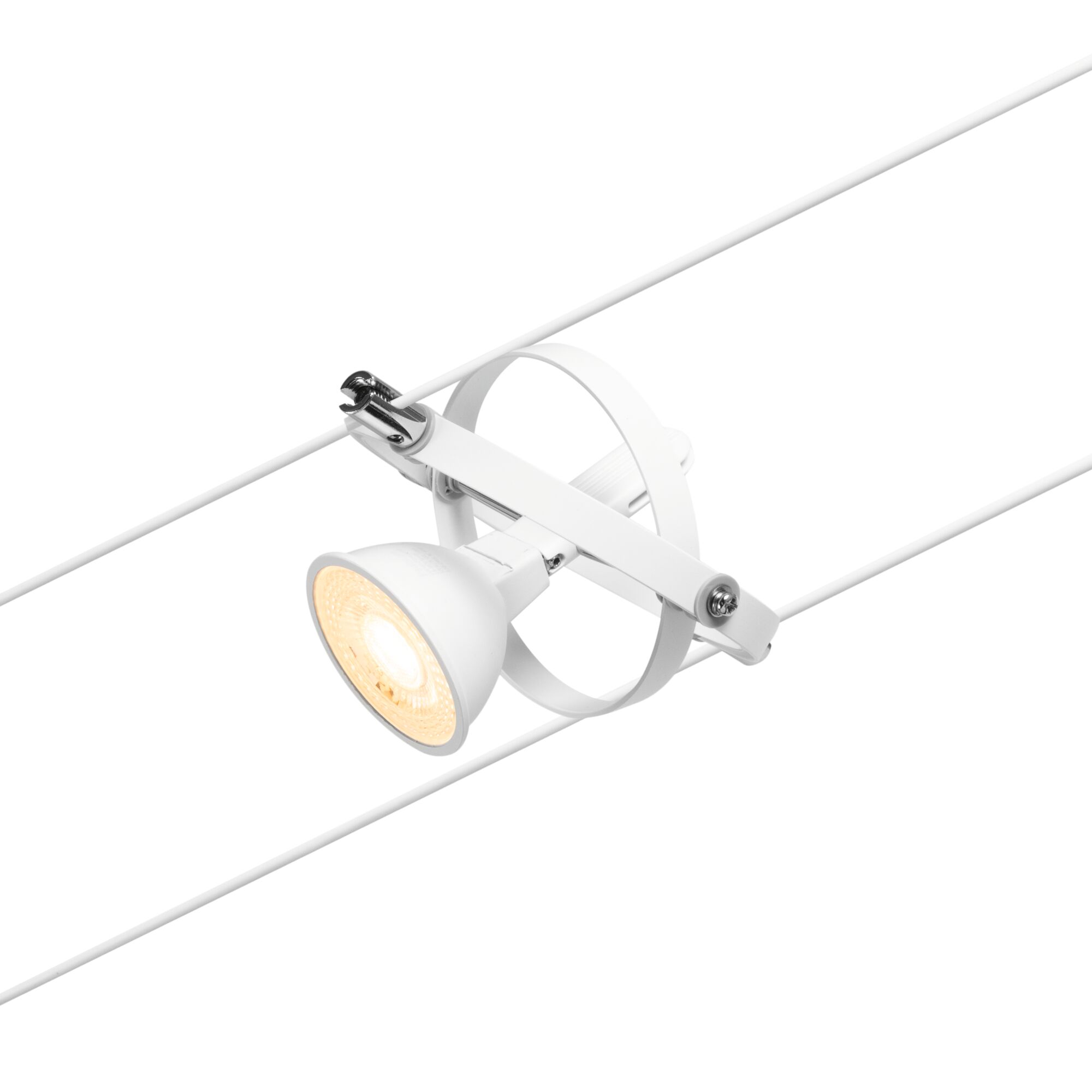 Weißer LED-Seilstrahler aus Metall mit warmweißem Licht für flexible Beleuchtungslösungen.