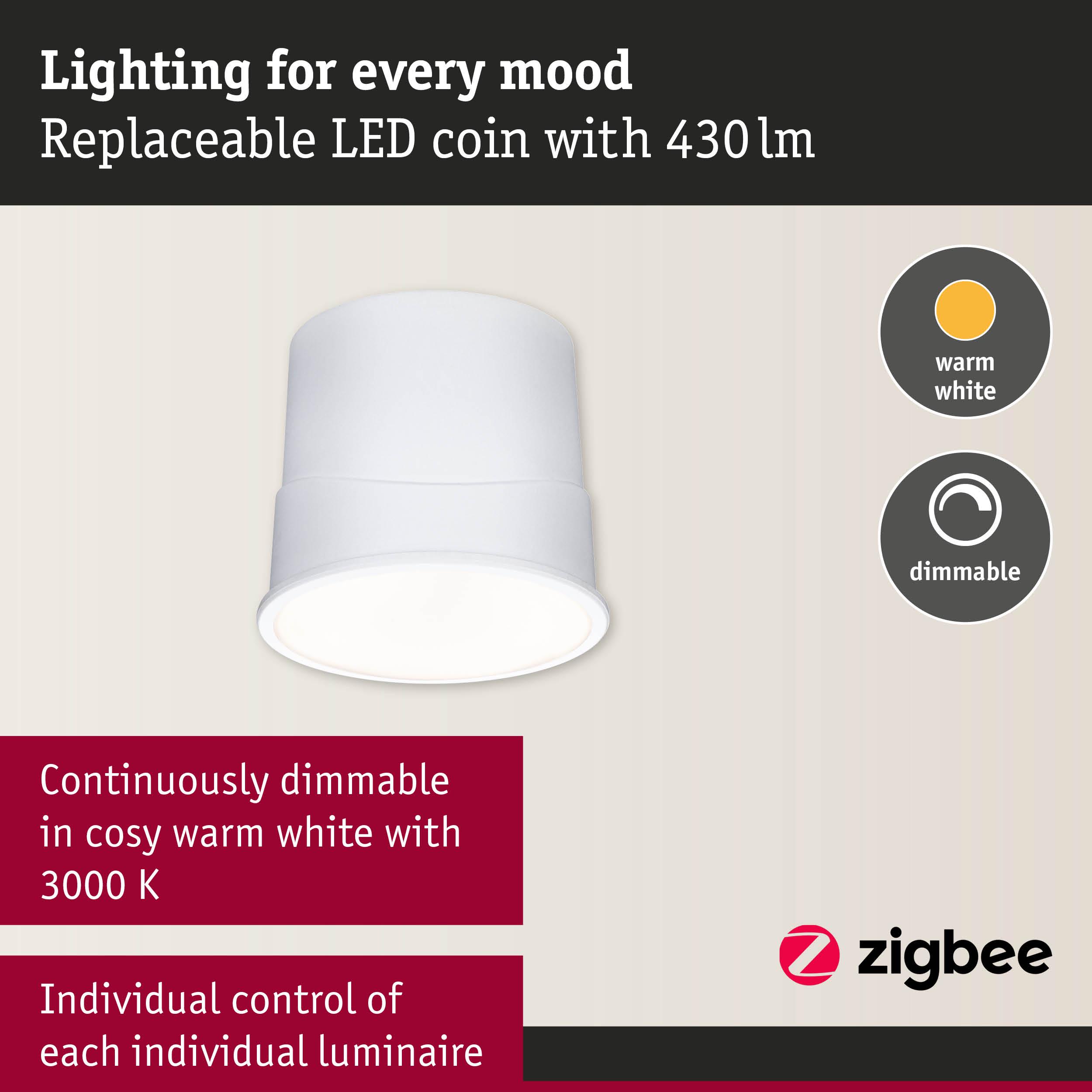 White LED recessed spotlight with warm white light, dimmable and individually controllable for living spaces