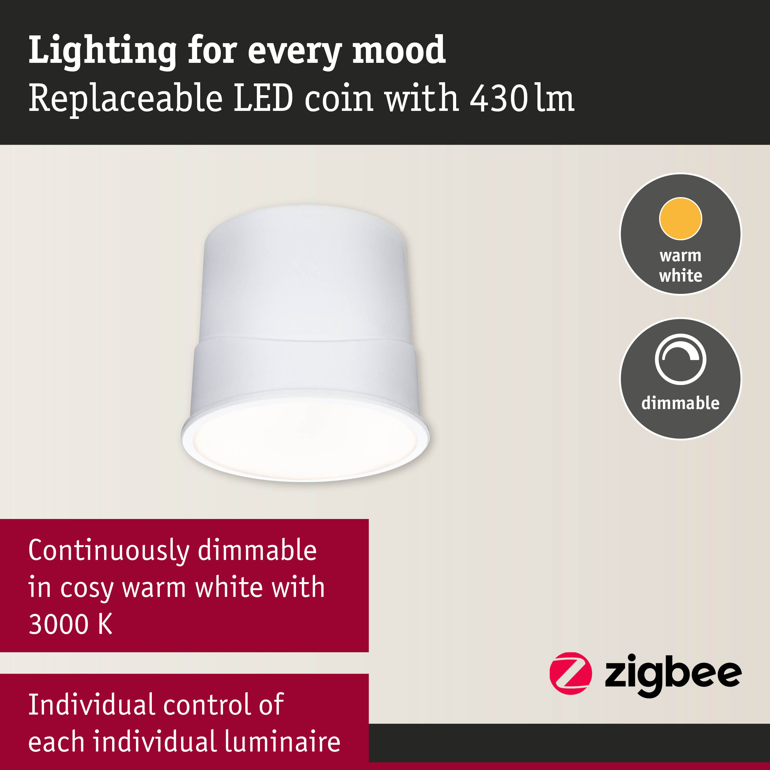 White LED ceiling spotlight with replaceable LED coin, warm white light and dimmable feature