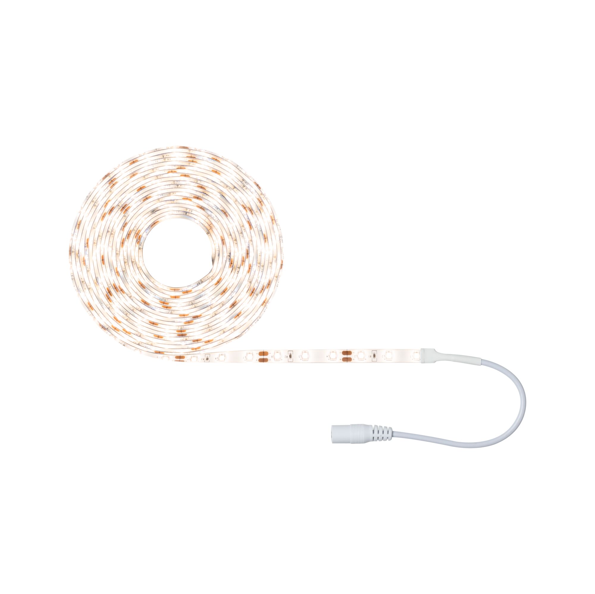 Flexibler LED-Lichtstreifen mit warmweißem Licht und weißem Anschlusskabel für vielseitige Beleuchtung