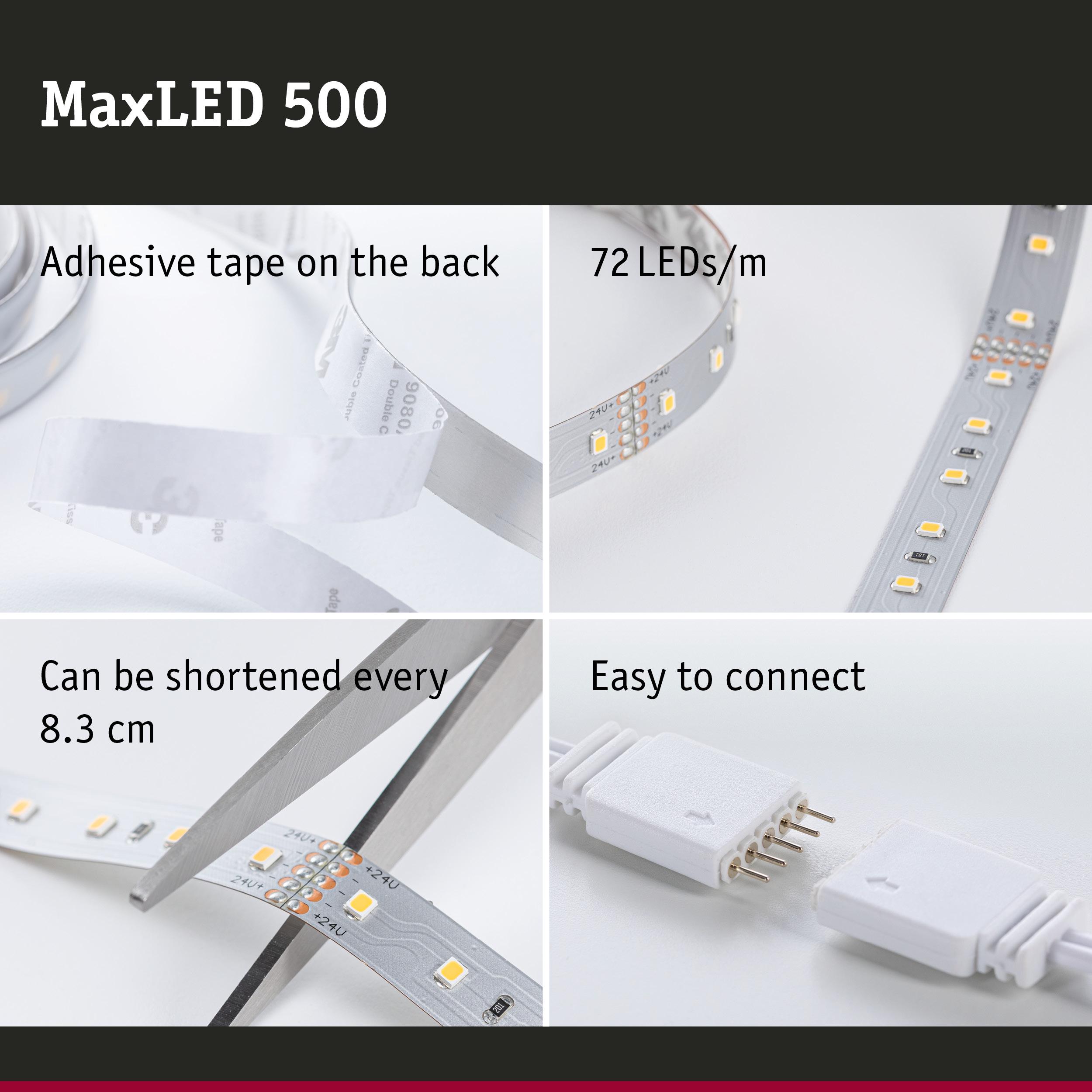 MaxLED 500 LED strip with adhesive tape, 72 LEDs per meter, cuttable every 8.3 cm, easy to connect