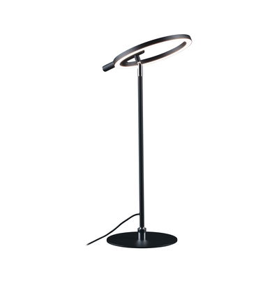 Modern black LED desk lamp with round metal light ring for stylish home or office lighting
