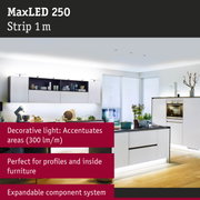 Modern white kitchen with MaxLED 250 LED strip lighting under cabinets for decorative light