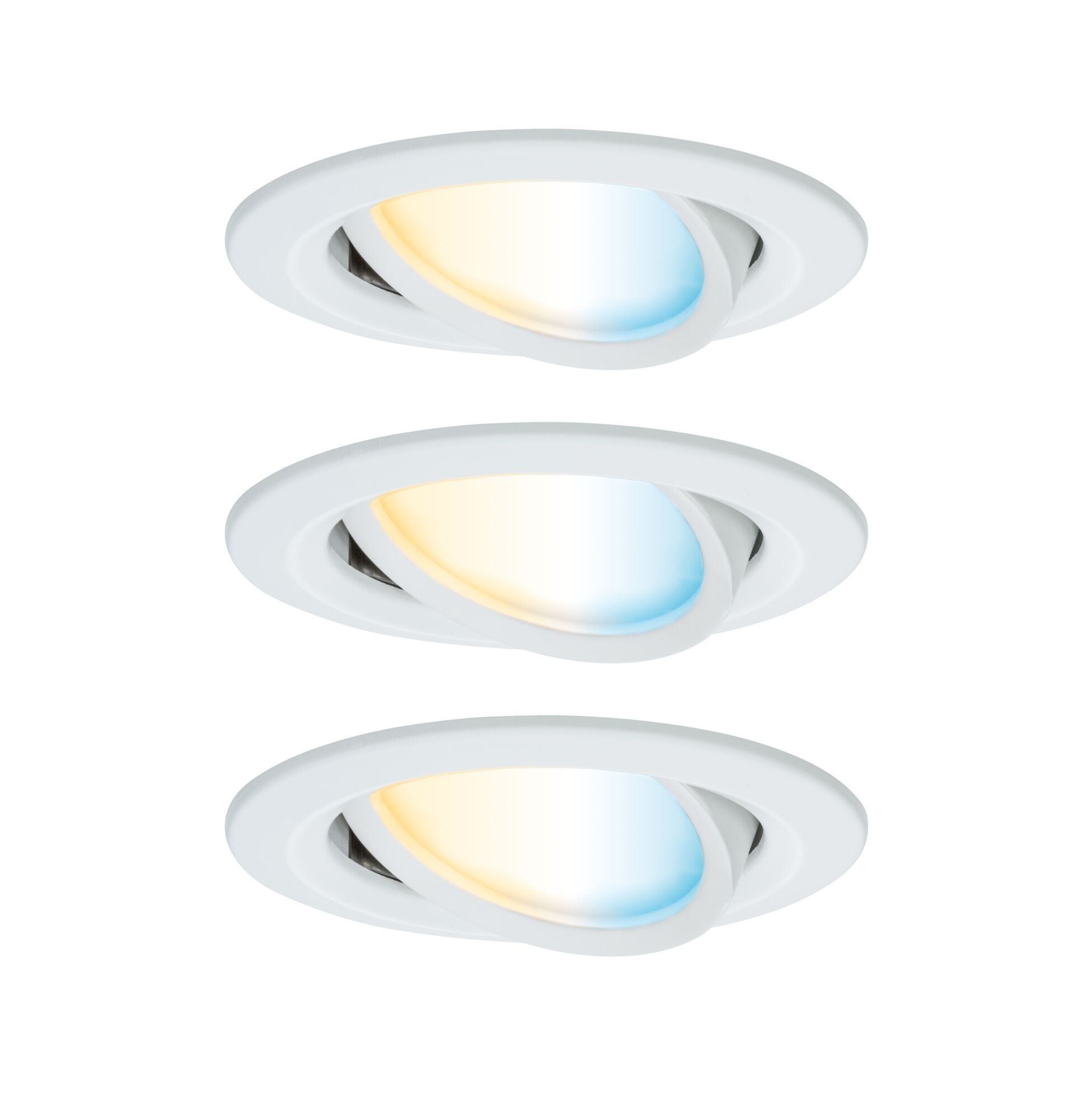 Three white LED recessed spotlights with adjustable warm to cool white light for versatile room lighting.