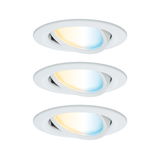 Three white LED recessed spotlights with adjustable warm to cool white light for versatile room lighting.