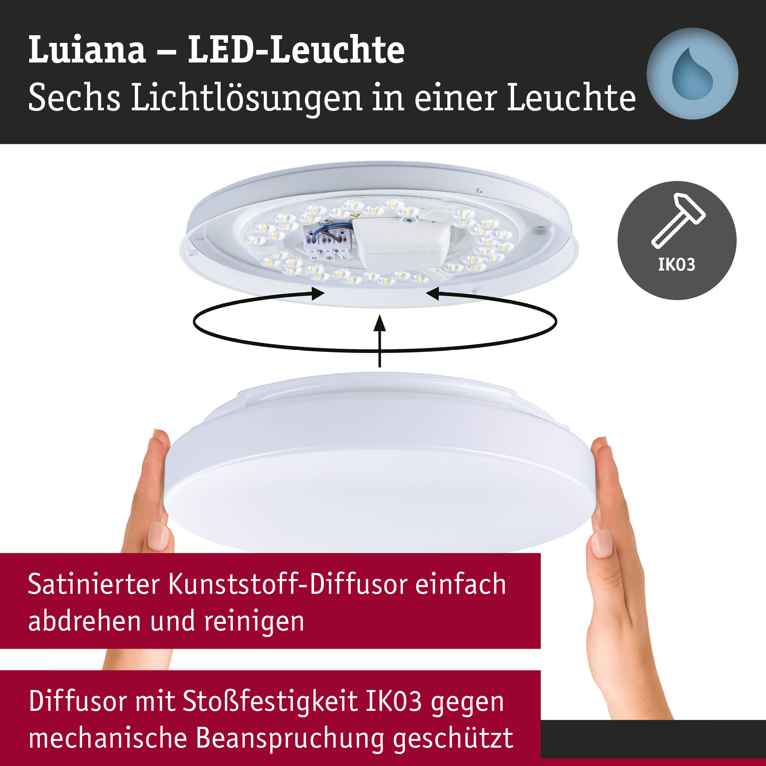 Weiße Luiana LED-Deckenleuchte mit satiniertem Kunststoff-Diffusor und IK03 Stoßfestigkeit
