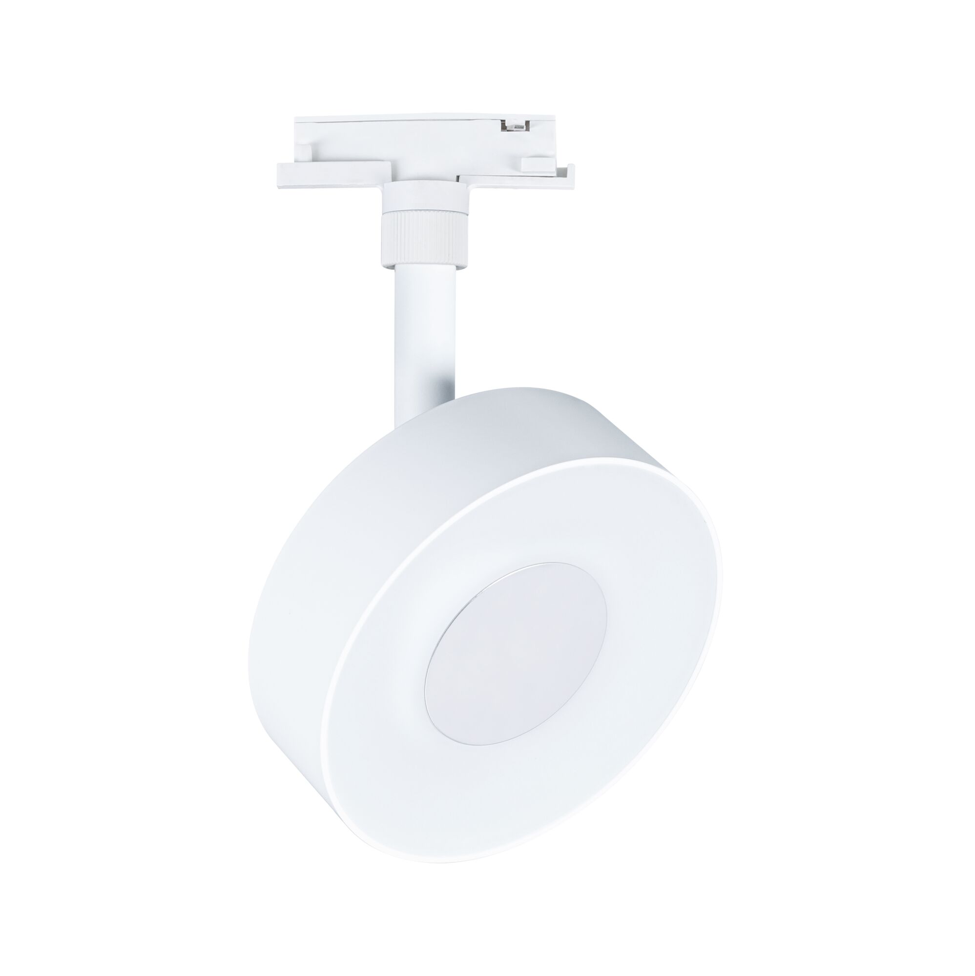 Modern white metal LED spotlight for track systems, energy-efficient indoor lighting solution