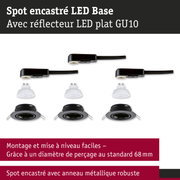 Spot encastré LED avec réflecteur plat GU10 et anneau métallique robuste noir pour éclairage