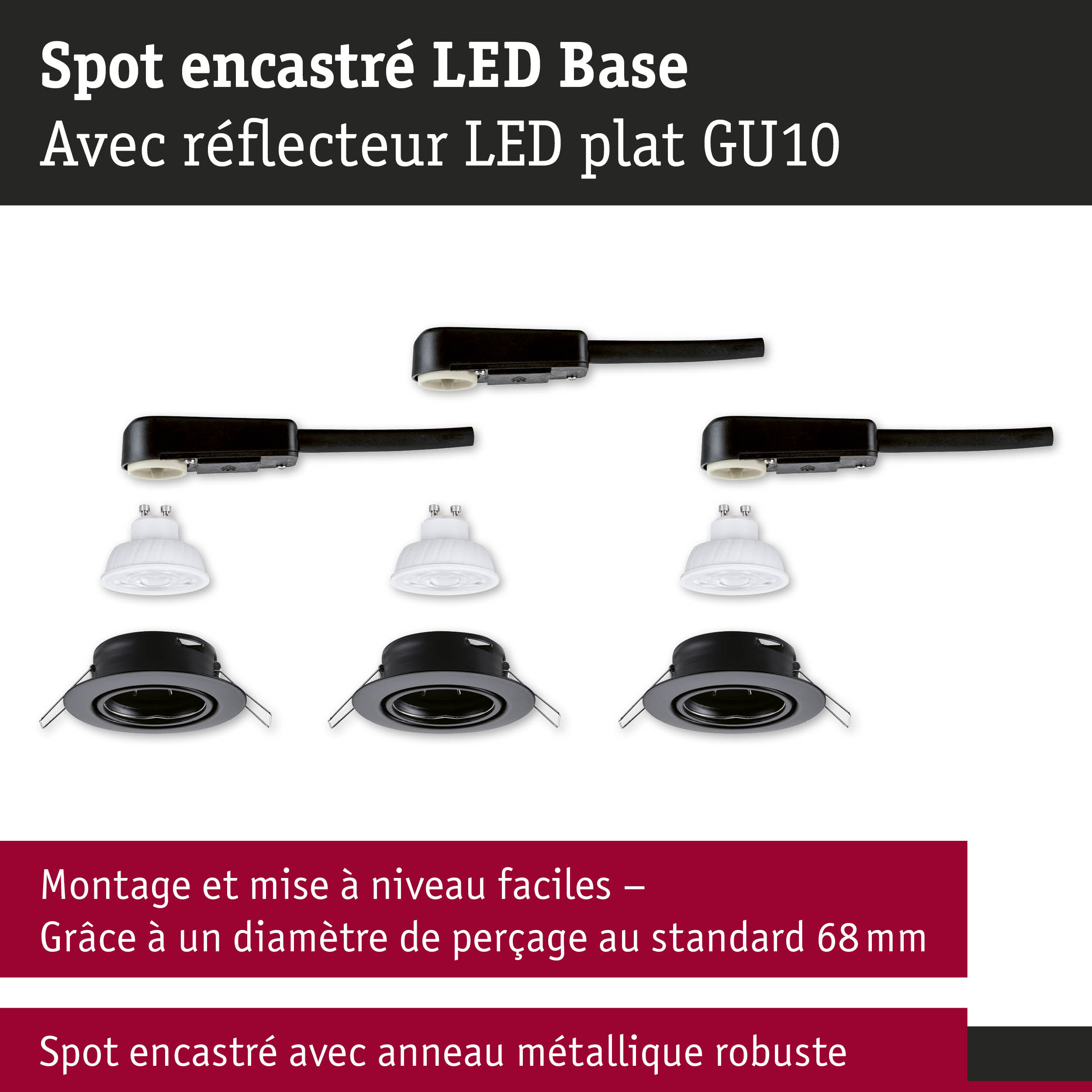 Spot encastré LED avec réflecteur plat GU10 et anneau métallique robuste noir pour éclairage