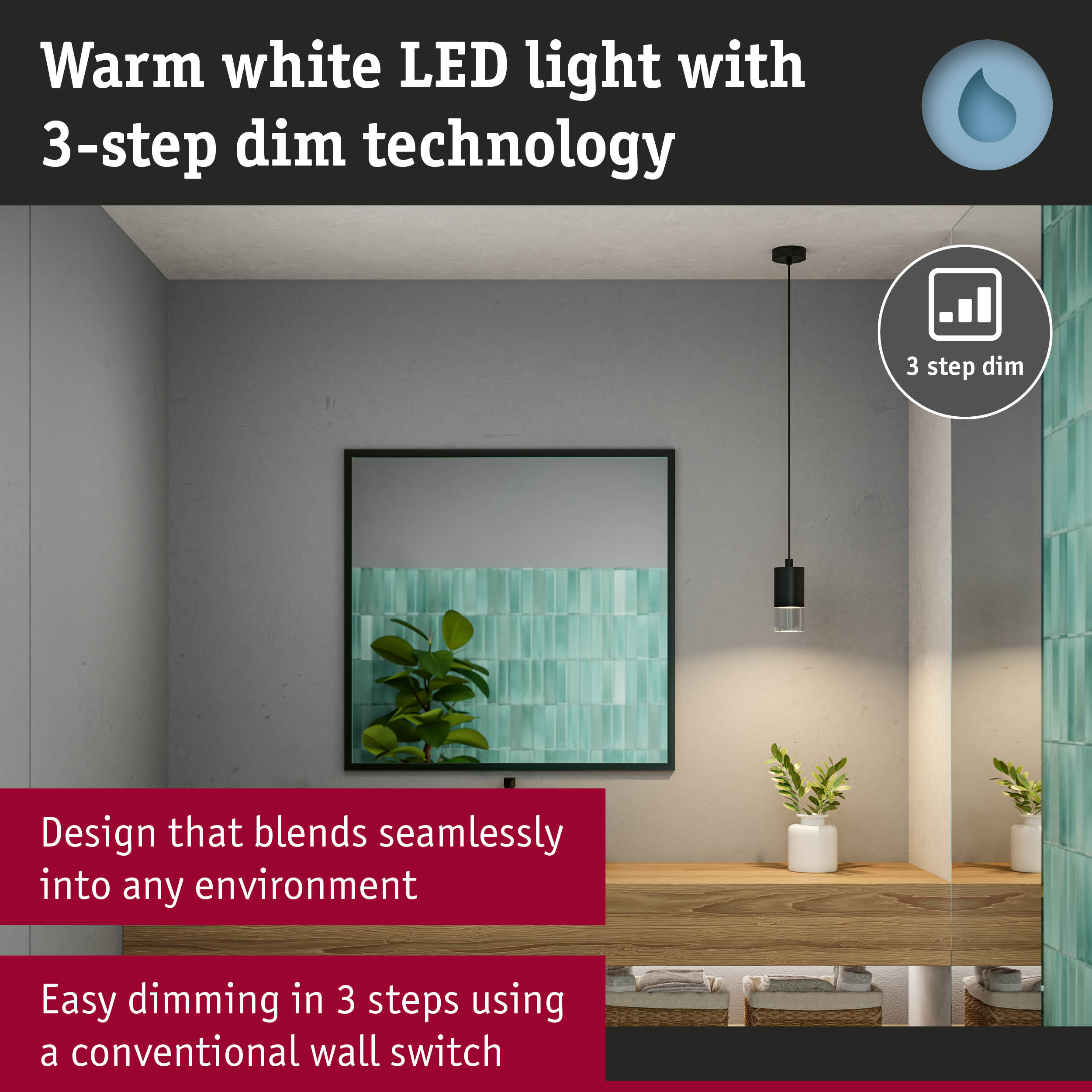 Black LED pendant light with warm white light and 3-step dimming for living spaces