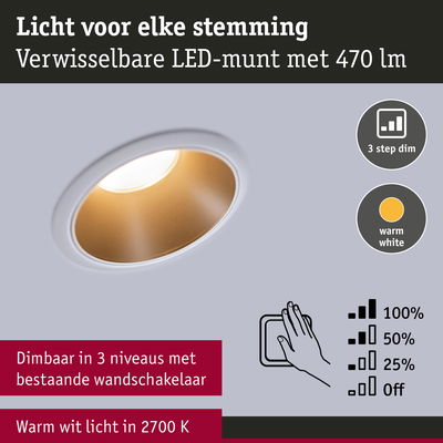 Dimbare LED-inbouwspot met warm wit licht 2700K en 3-traps dimfunctie via wandschakelaar