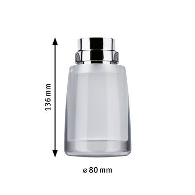 Glass lampshade with chrome metal rim, 136 mm height, 80 mm diameter, lighting accessory