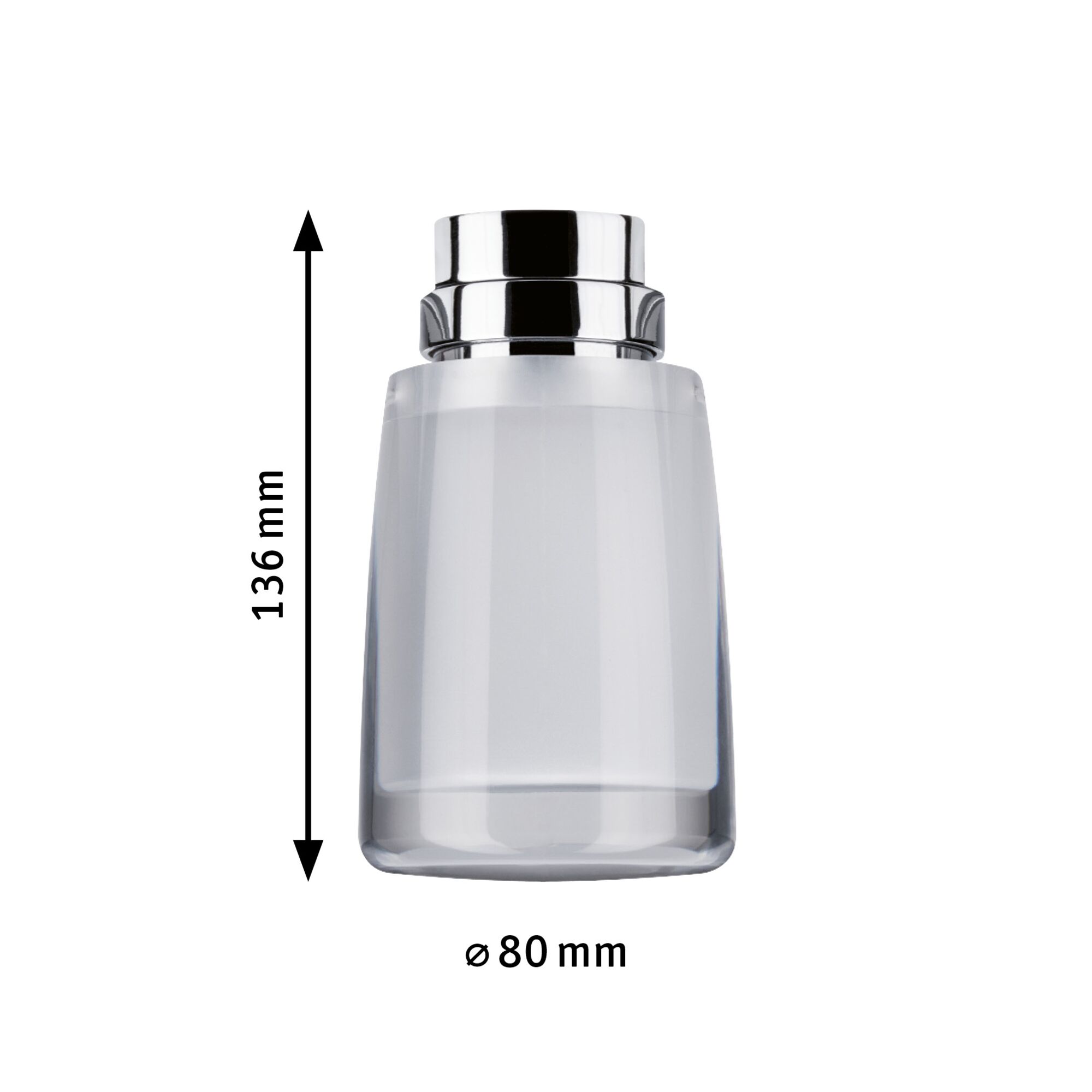 Glass lampshade with chrome metal rim, 136 mm height, 80 mm diameter, lighting accessory