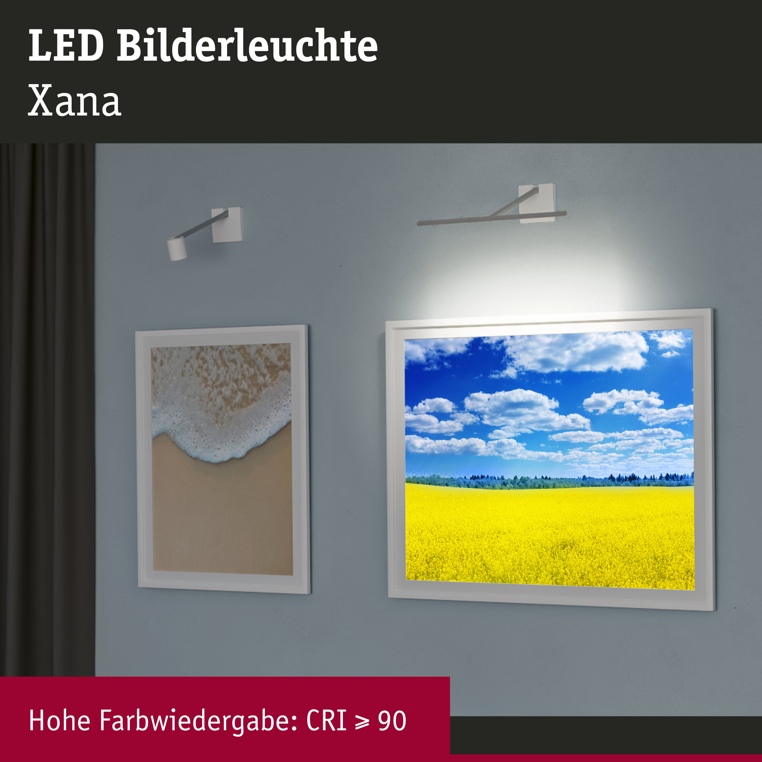 Weiße LED-Bilderleuchte Xana an blauer Wand beleuchtet gerahmte Bilder mit hohem CRI über 90