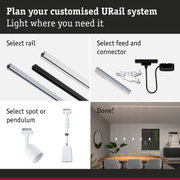 Modular URail track system with white and black rails, connectors, and pendant lights for customizable lighting