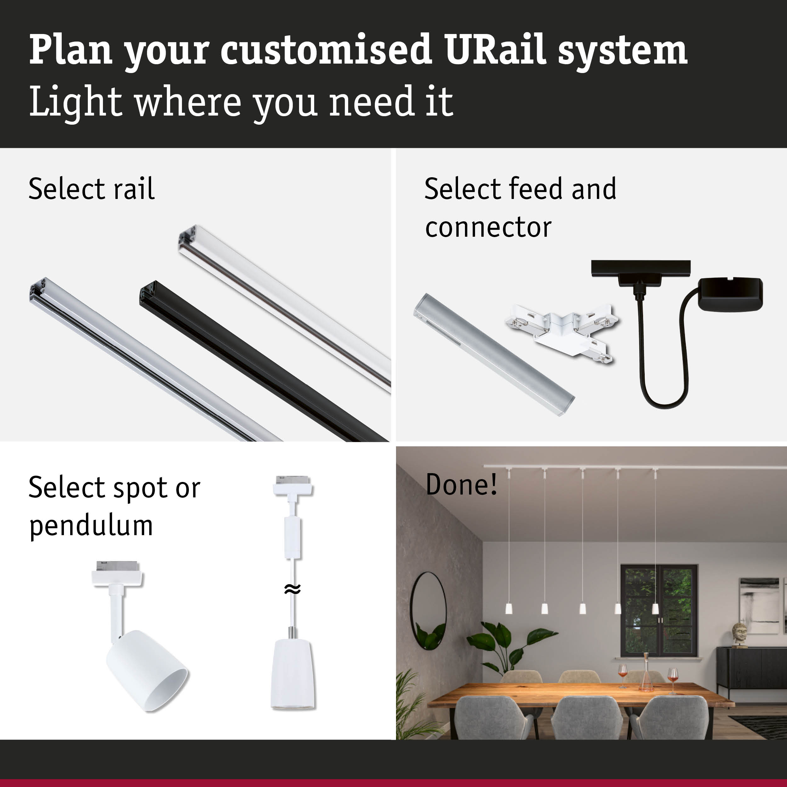 Modular URail track system with white and black rails, connectors, and pendant lights for customizable lighting