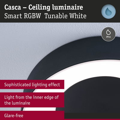 Black Casca ceiling luminaire with glare-free inner LED light ring and IP44 water resistance