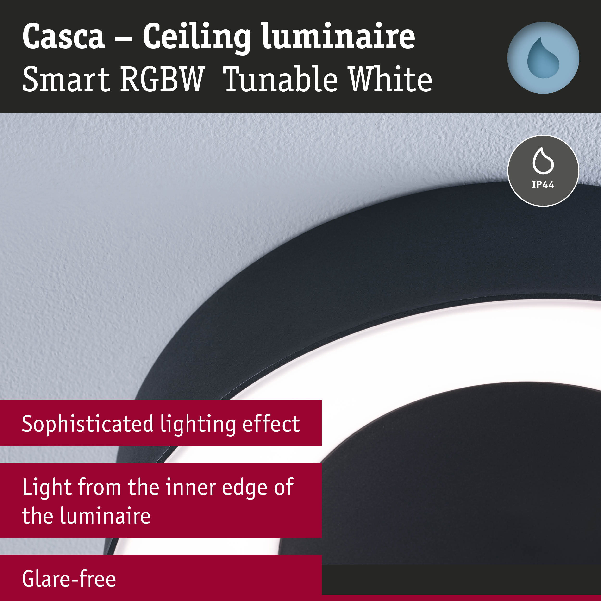 Casca black ceiling luminaire with glare-free, tunable RGBW light and IP44 protection
