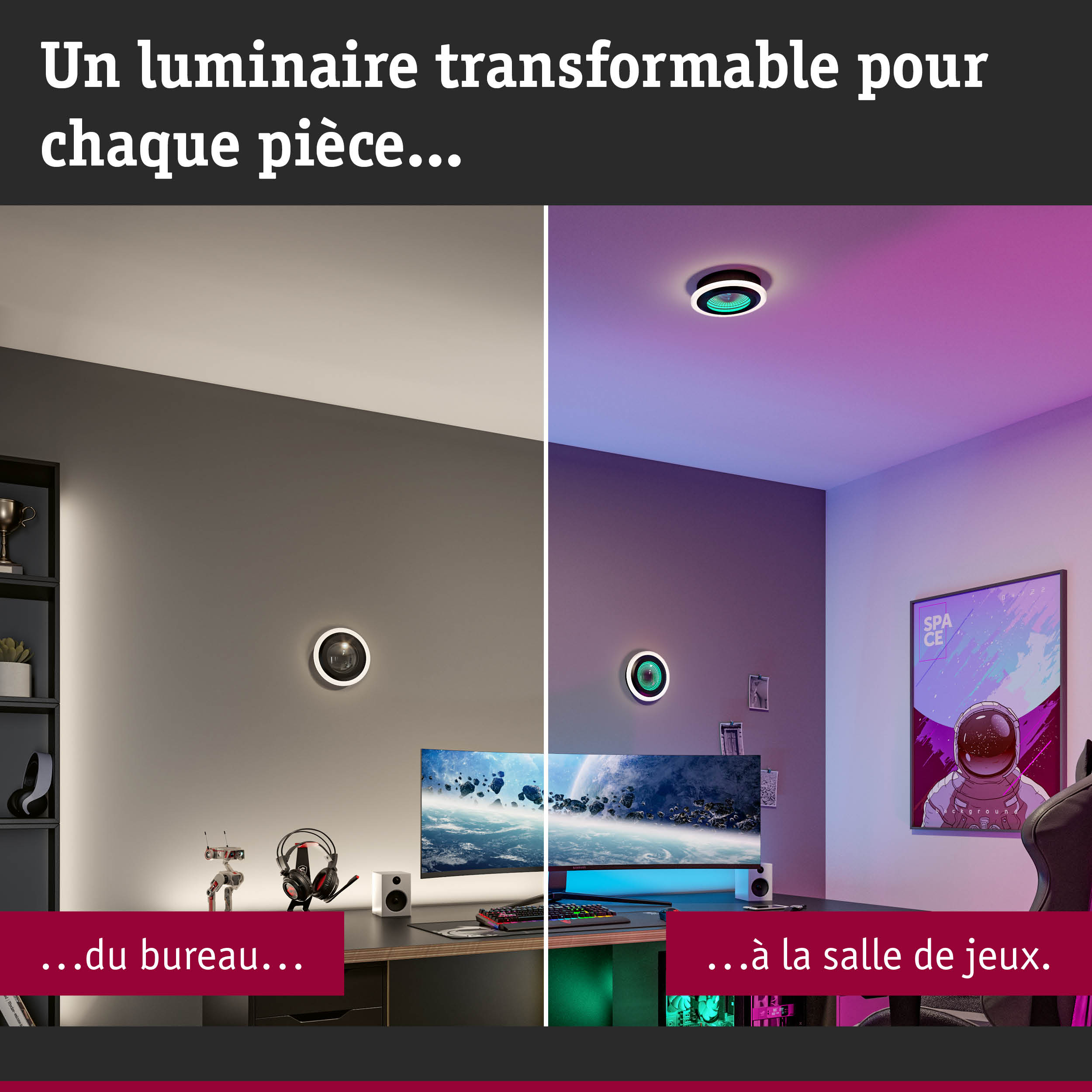 Luminaire LED transformable avec anneau blanc, adapté au bureau et à la salle de jeux, éclairage moderne