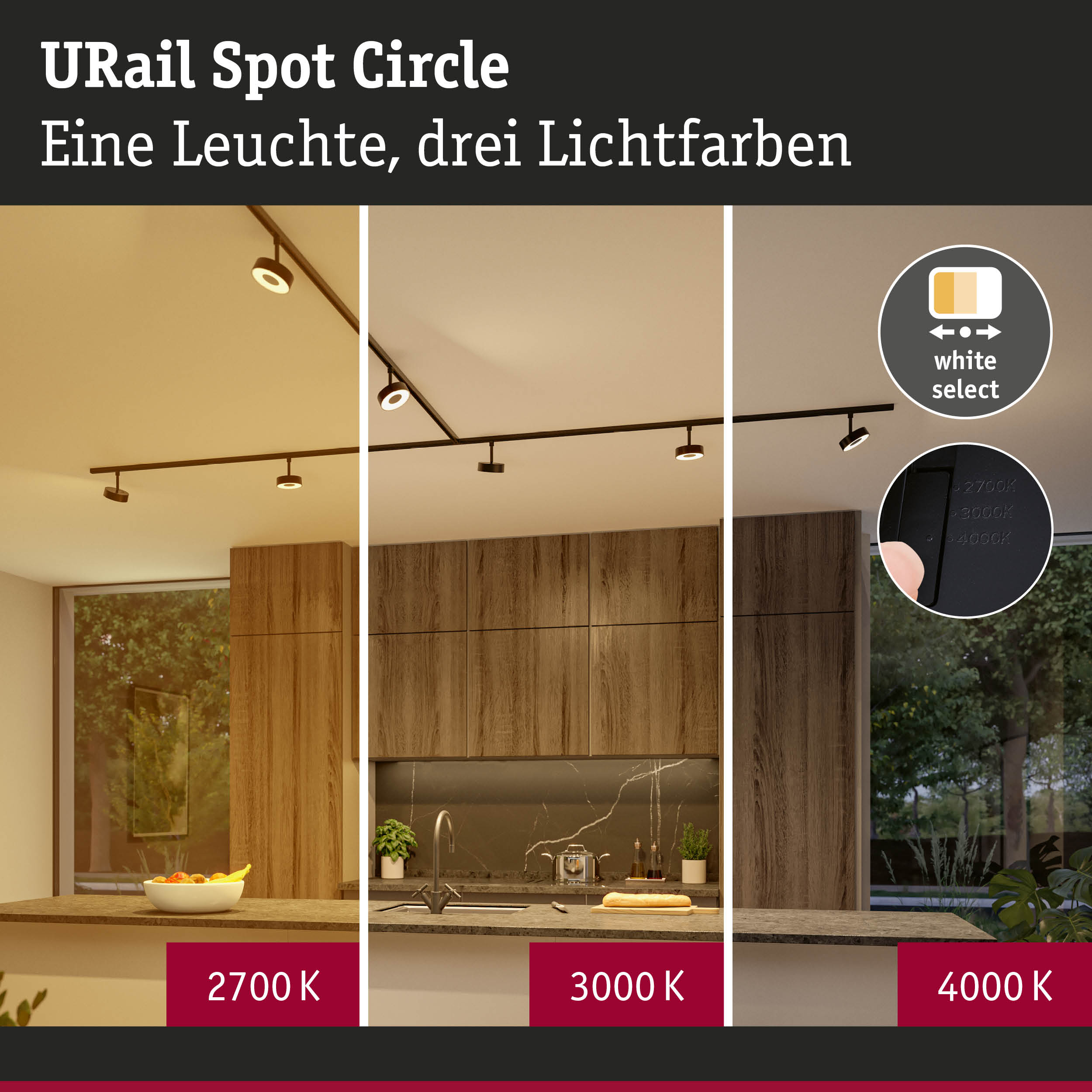 URail Spot Circle Schienensystem mit drei Lichtfarben 2700K, 3000K und 4000K für Wohnräume