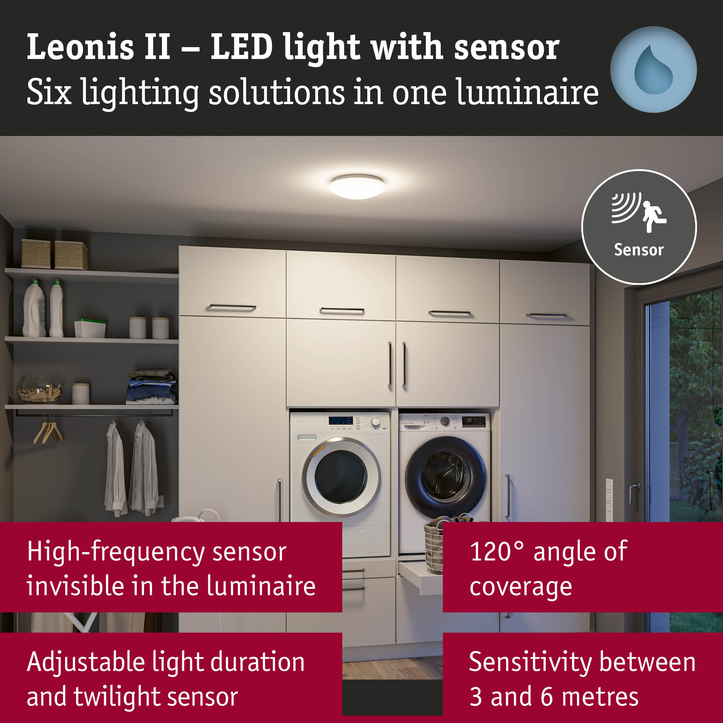 Leonis II white LED ceiling light with sensor, perfect for utility rooms with motion detection