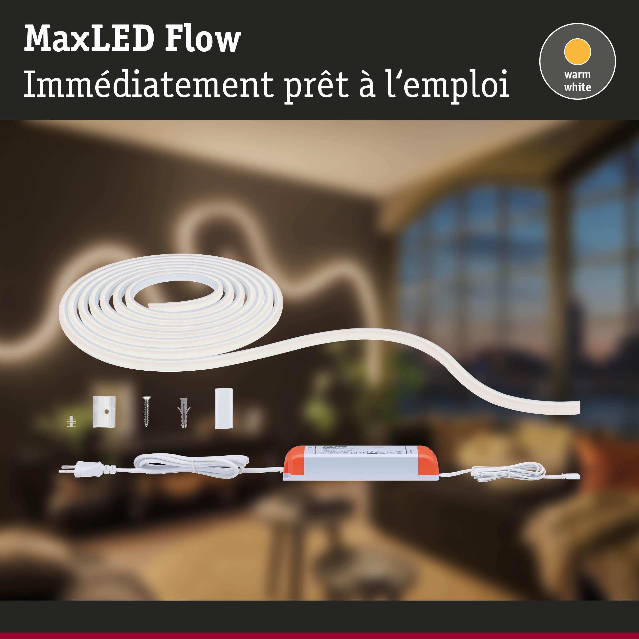 Bande LED MaxLED Flow blanche avec lumière blanc chaud et accessoires de montage inclus