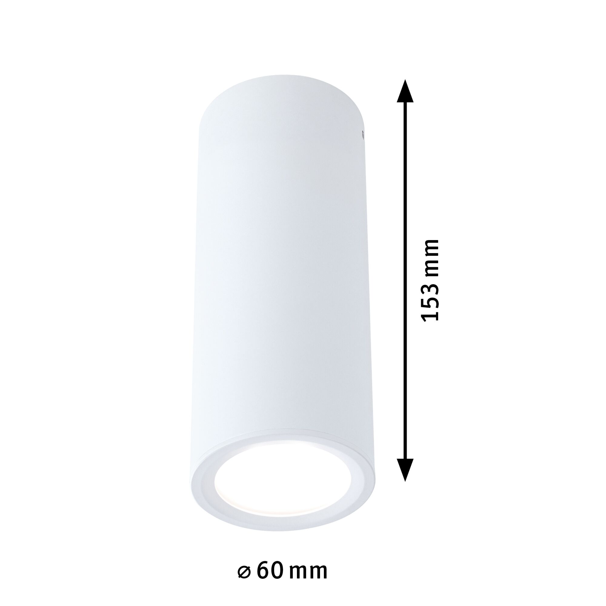 White cylindrical metal ceiling spotlight with 60 mm diameter and 153 mm height