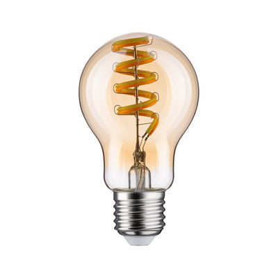 Amber LED bulb with spiral filament and E27 base for decorative lighting and energy-efficient use