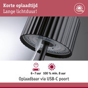 Close-up van zwarte LED-lichtkop met USB-C oplaadkabel en lange lichtduur