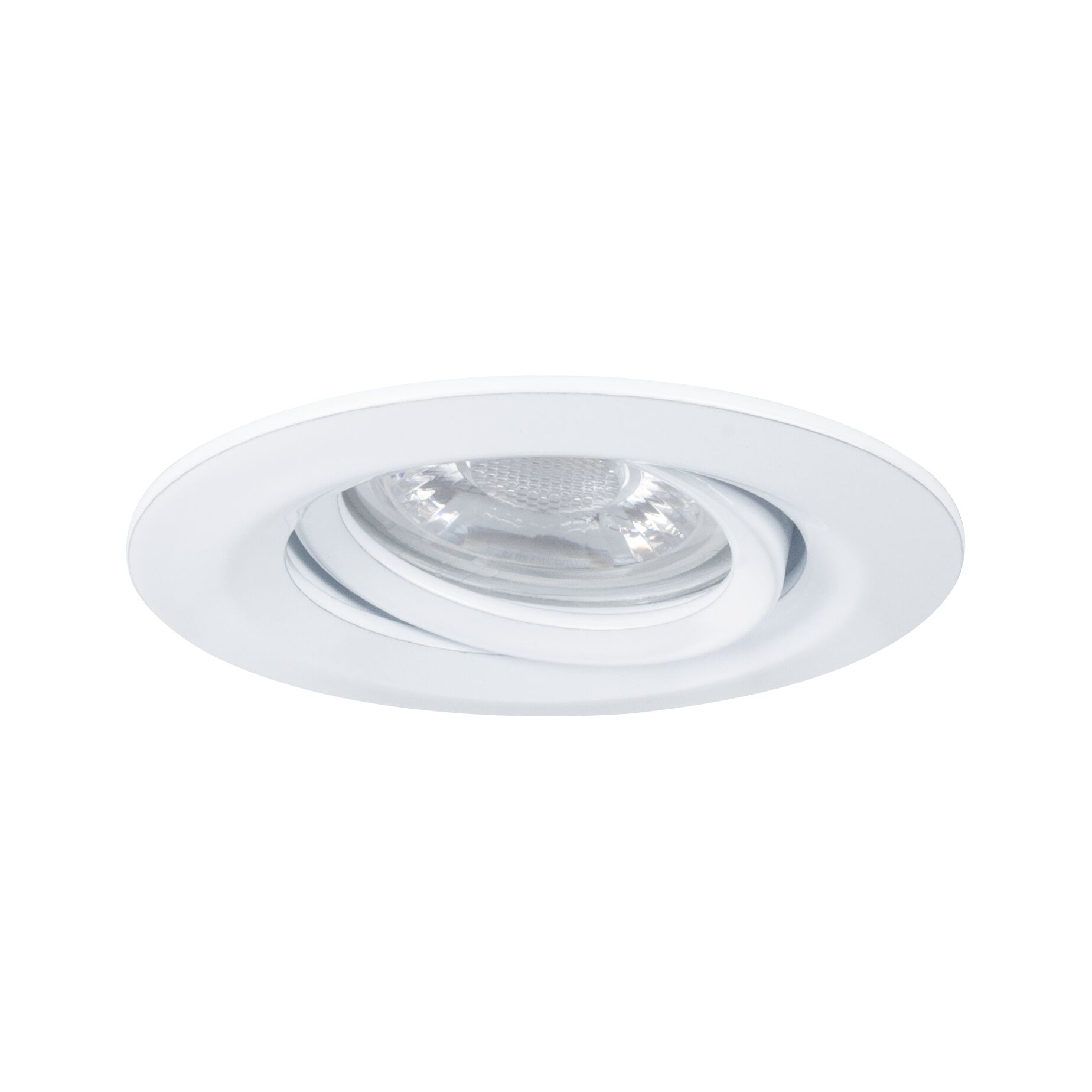 Round white recessed spotlight housing made of metal with clear glass and LED light source