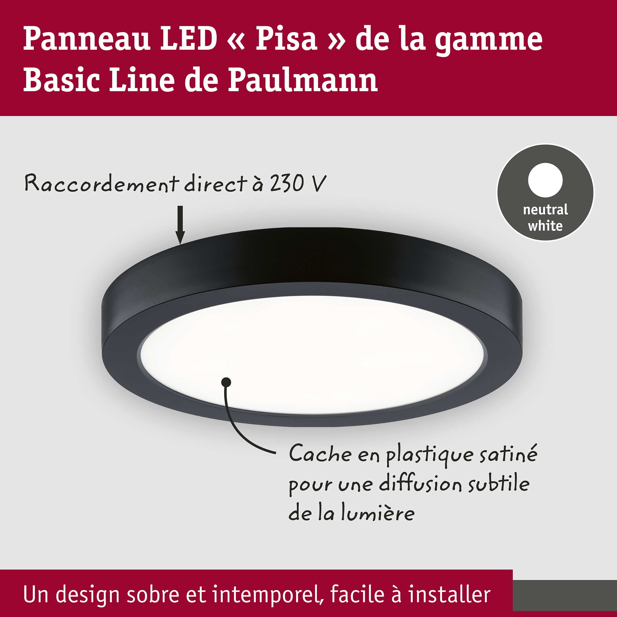 Panneau LED Pisa 4000K 290mm 1800lm 17W Noir mat