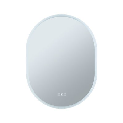 Oval LED mirror with touch controls and white frame for modern bathroom lighting