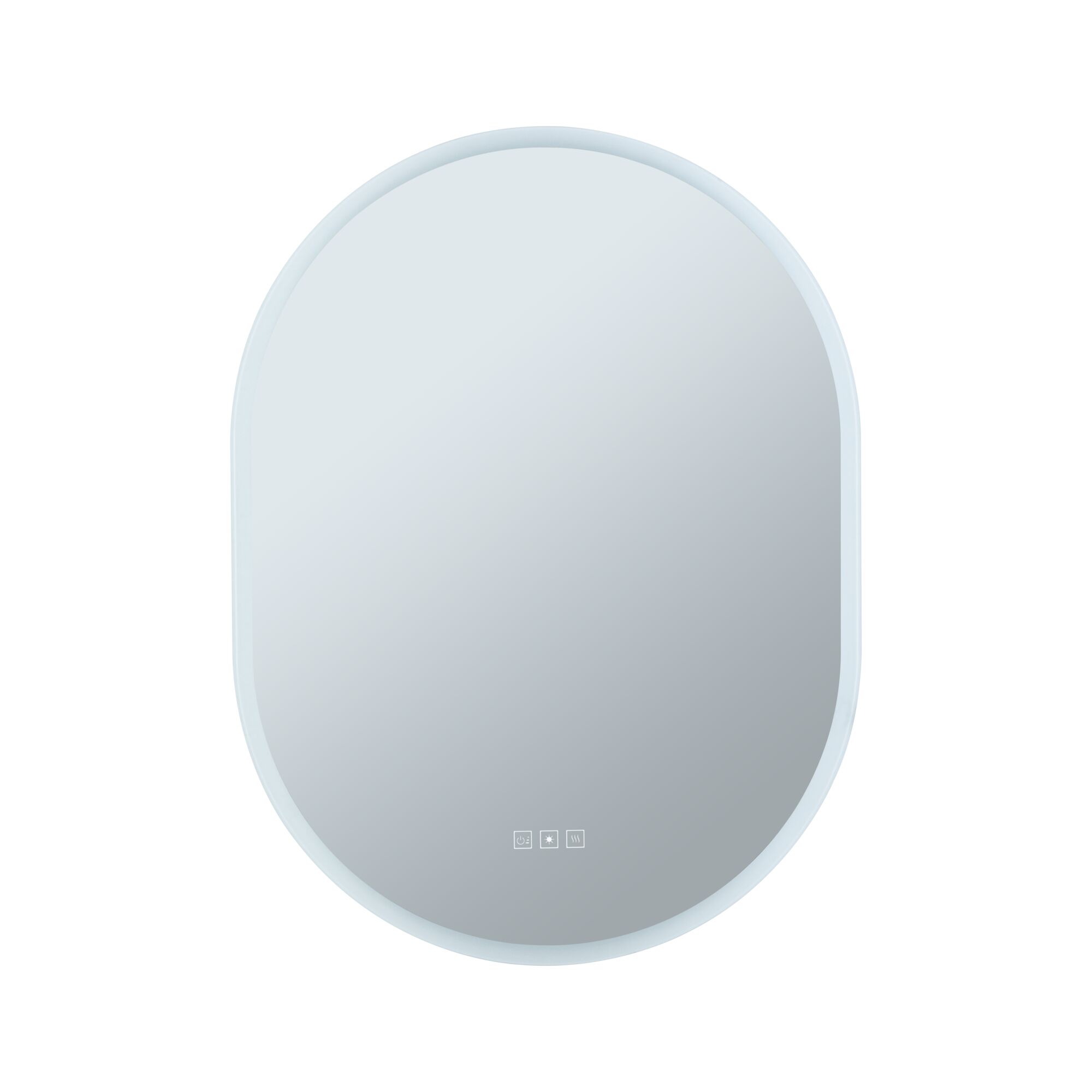 Oval LED mirror with touch controls and white frame for modern bathroom lighting