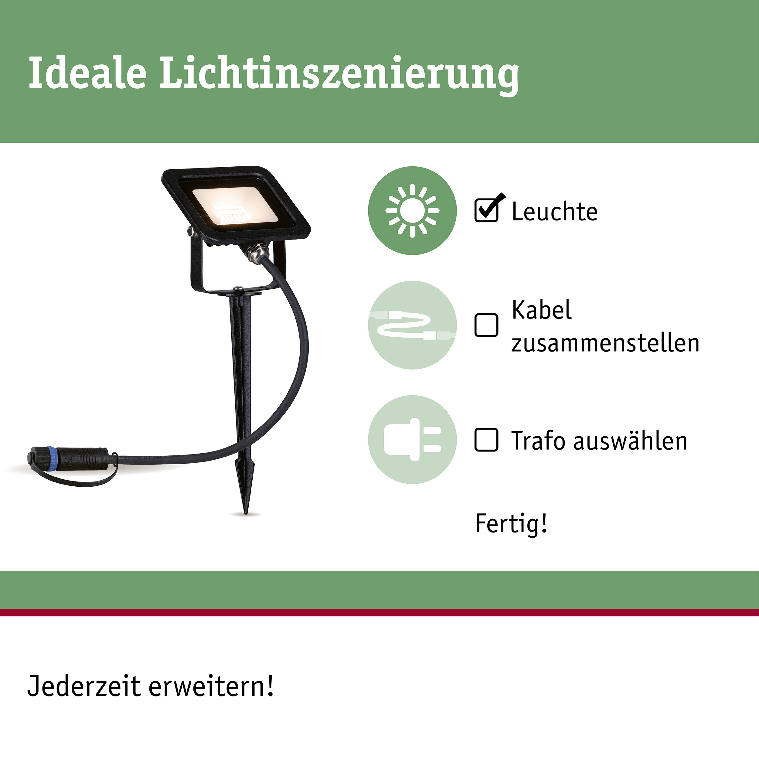Schwarze LED-Außenleuchte mit Erdspieß und Kabelanschluss für Gartenbeleuchtung und Lichtinszenierung