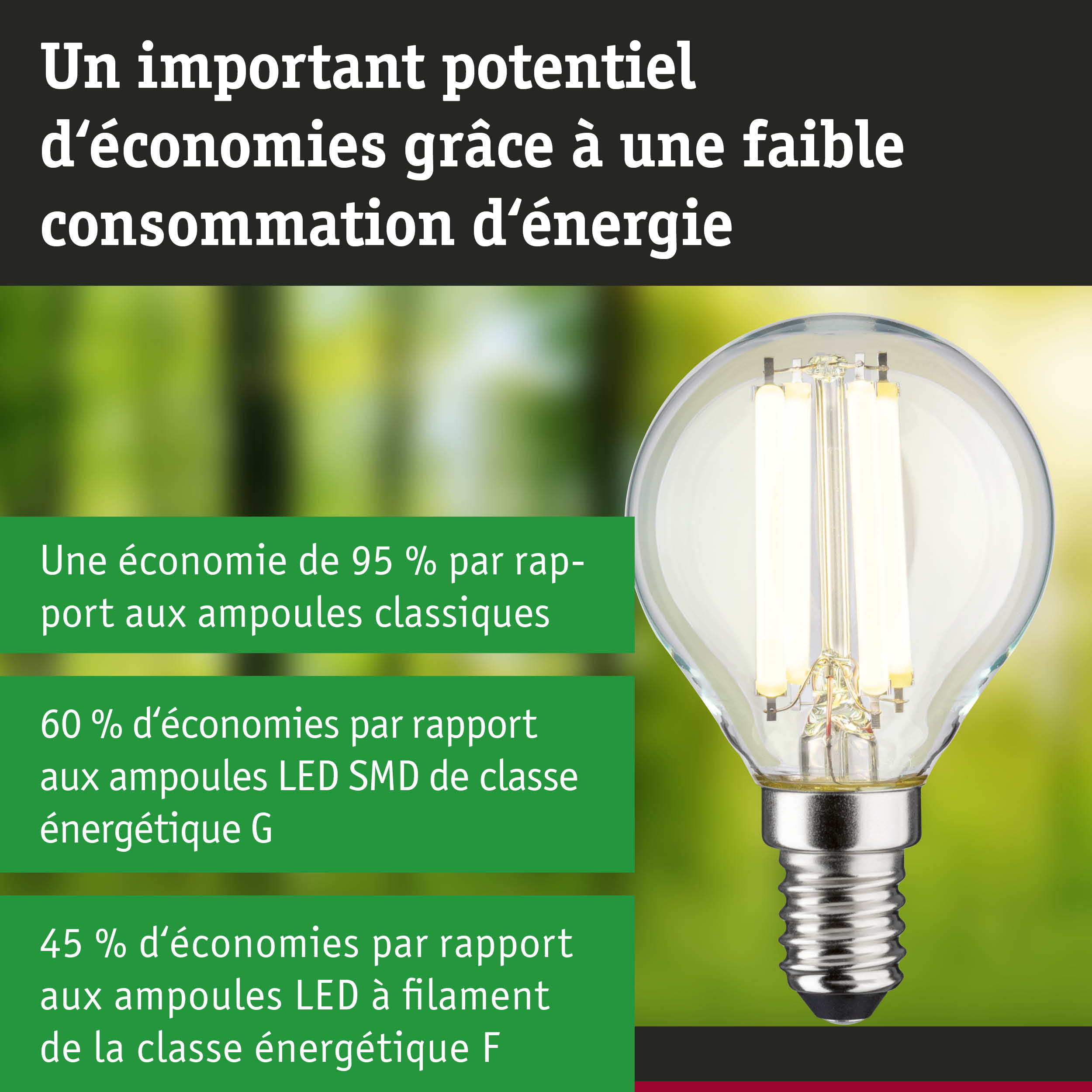 Ampoule LED économique en verre transparent avec base argentée sur fond flou vert et bleu