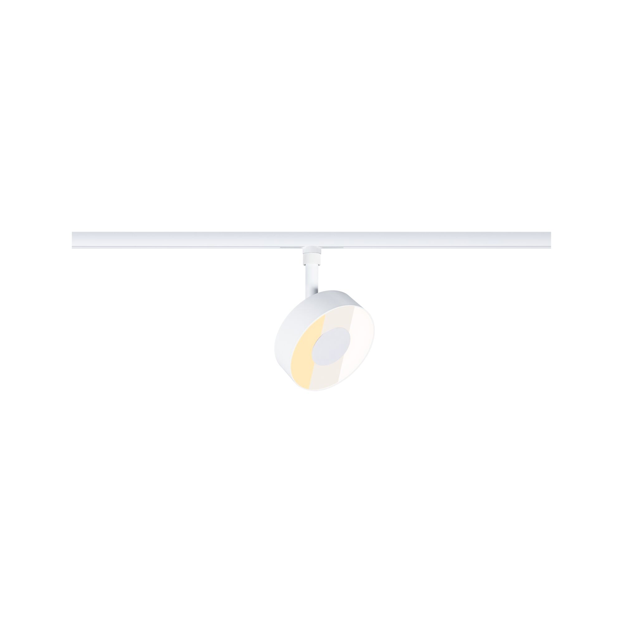 White metal LED spotlight on track system for modern room lighting and accent illumination