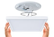 White square LED ceiling light made of plastic with connection cable and mounting instructions