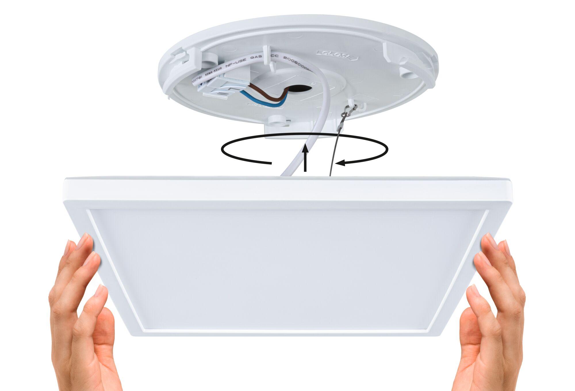 White square LED ceiling light made of plastic with connection cable and mounting instructions