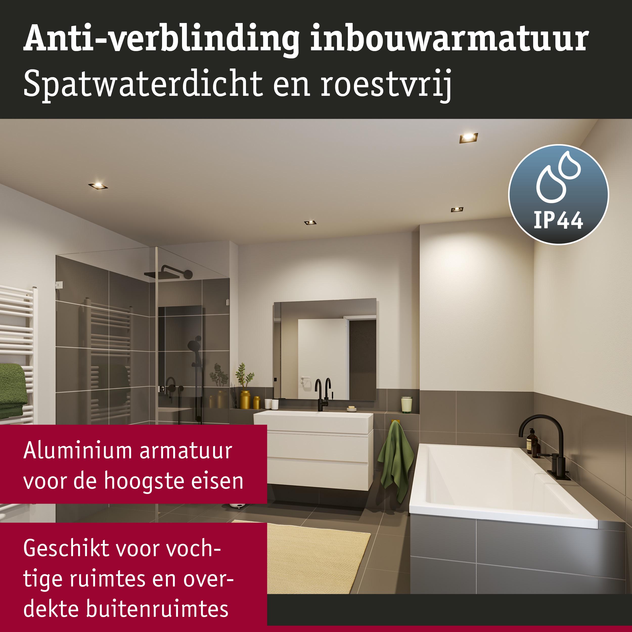 Spatwaterdichte aluminium inbouwlamp met anti-verblinding, geschikt voor vochtige ruimtes en overdekte buitenruimtes