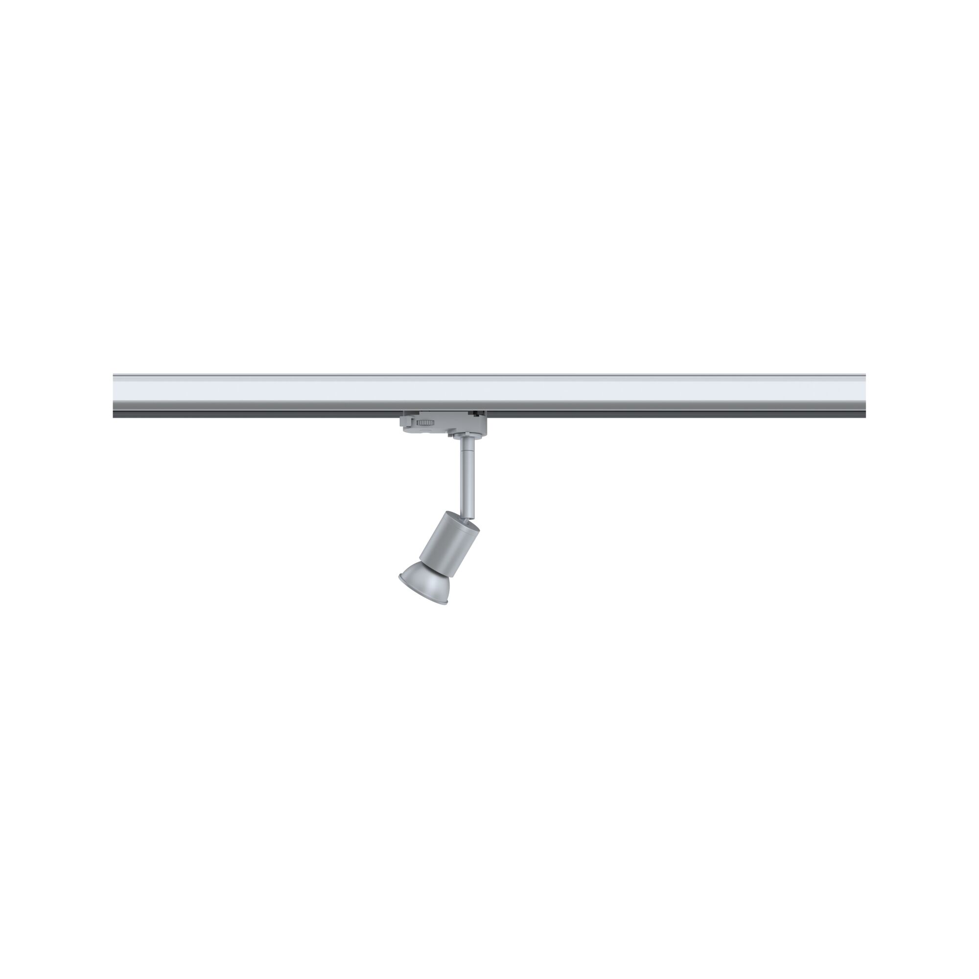 Silberner LED-Strahler aus Metall an Schienensystem für flexible Raumbeleuchtung