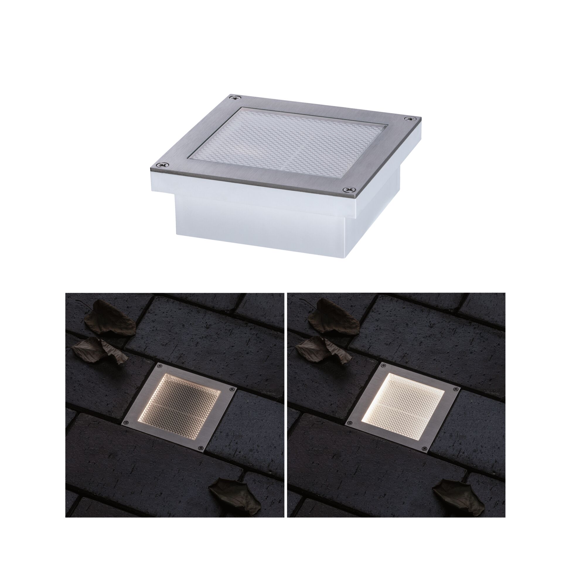 LED-grondinbouwlamp Brick Schemergestuurde bewegingsmelder (IR) IP67 100x100mm 3000K 0,8W 25lm 230V Alu/Grijs Metaal/edelstaal Vierkante inbouw LED-lamp van roestvrij staal met mat glas voor buitengebruik