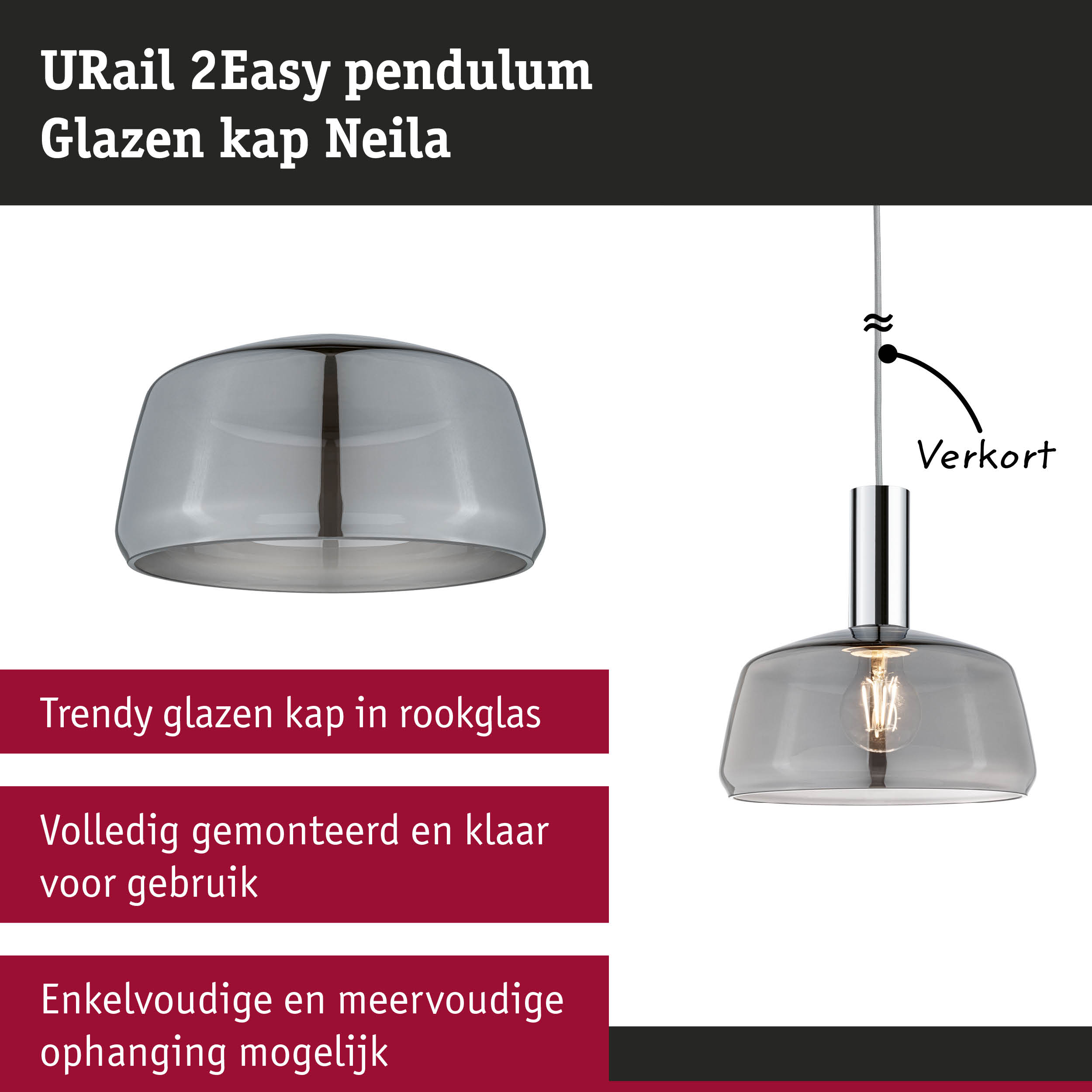 URail 2Easy hanglamp met rookglas kap en verstelbare kabel voor moderne woonruimtes