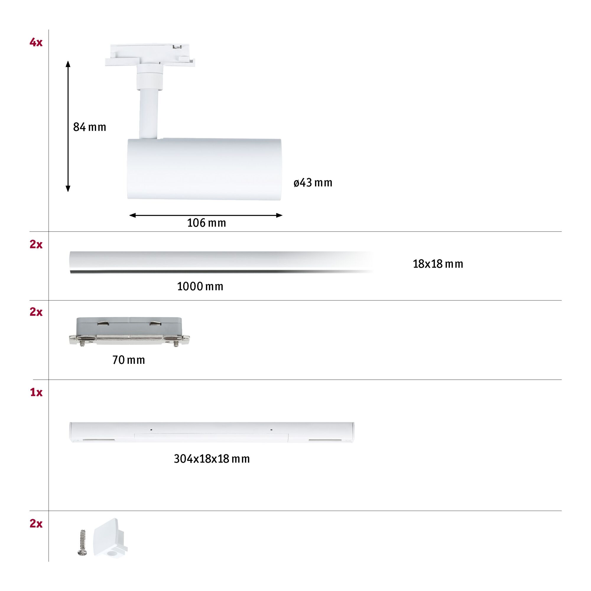 URail Spot sur rail Tubo Kit de démarrage Alimentation centrale 4x4W 230V Blanc signal